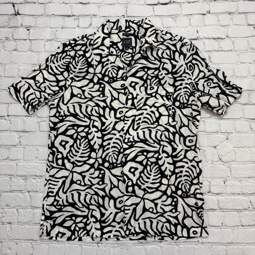 Gap Linen Cotton Blend Floral Hawaiian Button Up Shirt Mens Medium Black White